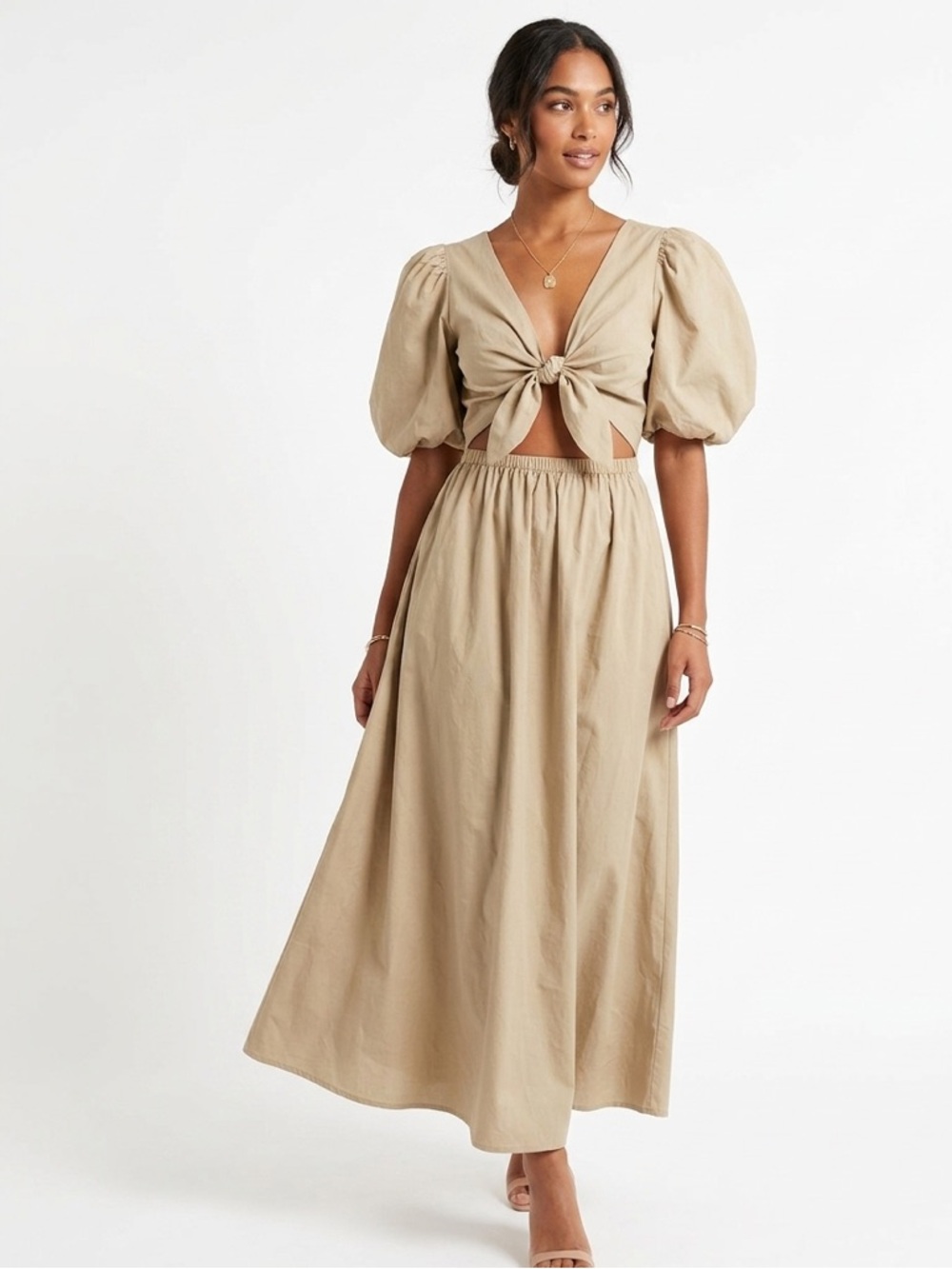 Tie-Front Puff Sleeve Two-Piece Set in Light Khaki